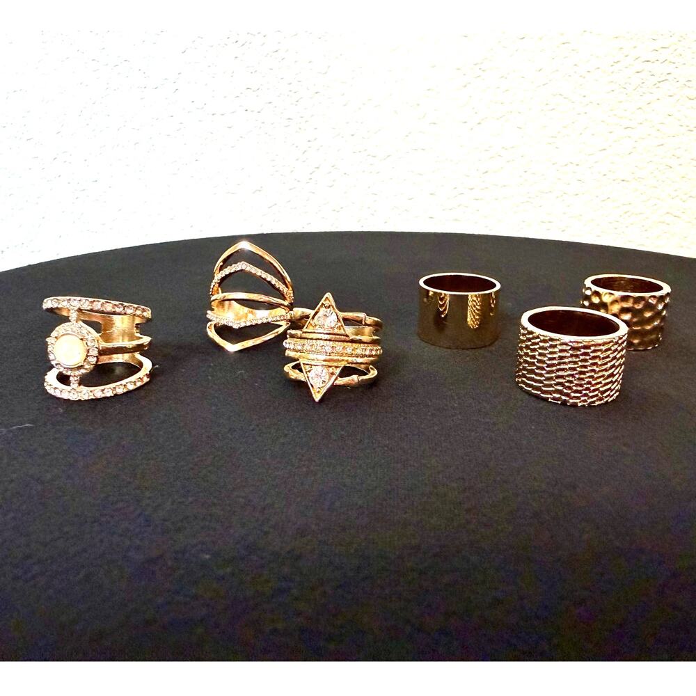 Gold Geometric Ring Set Textured Band Cutout Rhinestone Stacking Rings - Picture 2 of 11